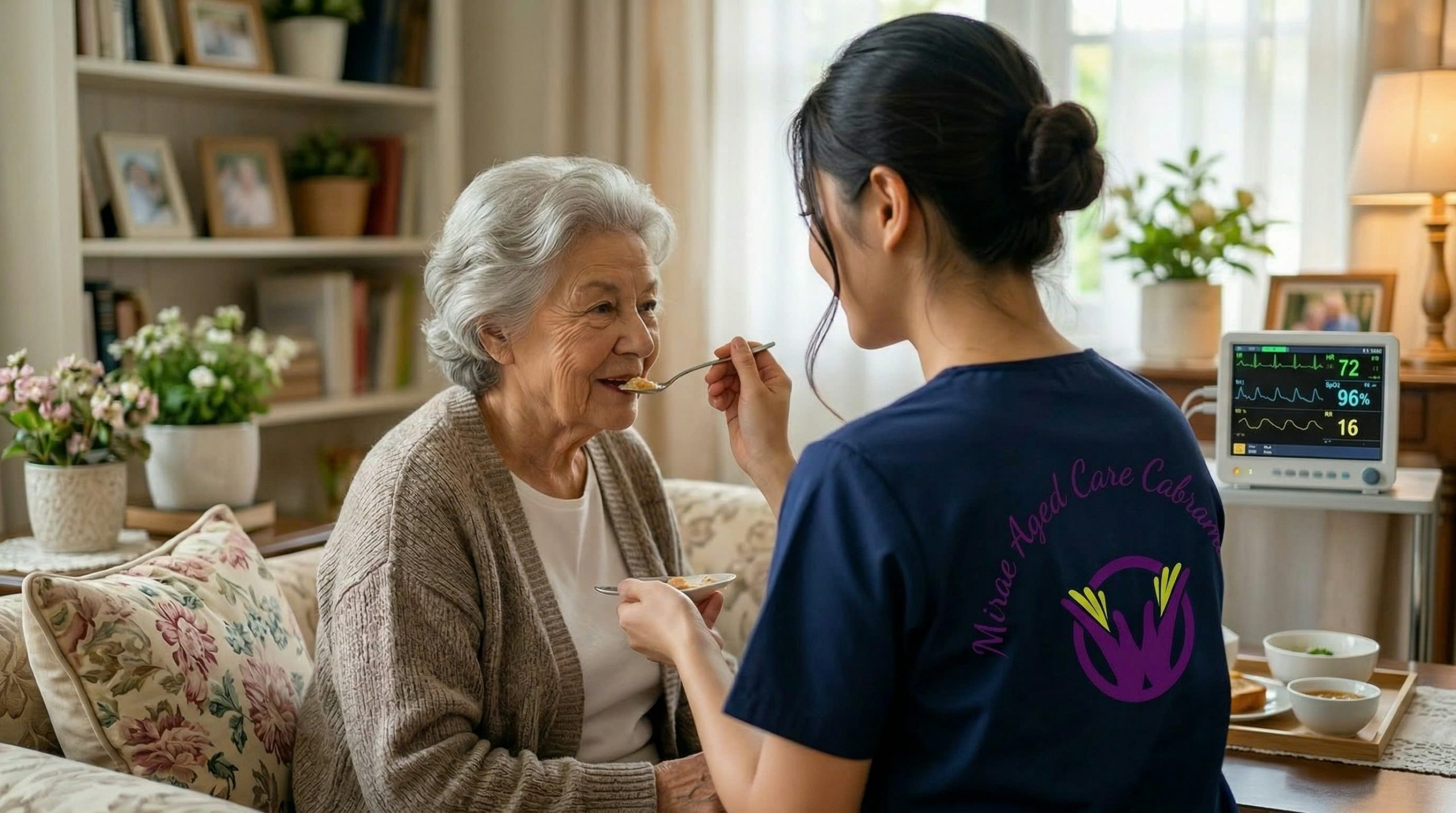HomeCaring Care worker pushing a client in a wheelchair through a living room